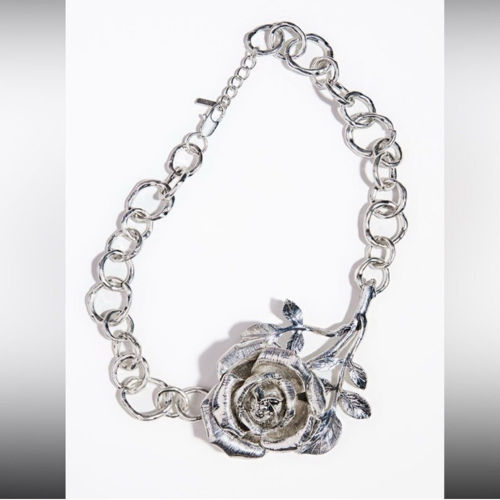Zara Bold Rose Statement Necklace - Silver Tone - Picture 4 of 6